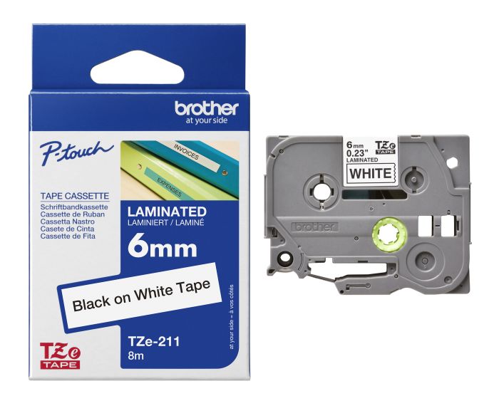 Brother TZe-211 Black On White Laminated P-Touch Adhesive Labelling Tape 6mm x 8m