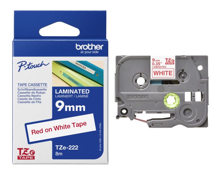 Brother TZe-222 Red On White Laminated P-Touch Adhesive Labelling Tape 9mm x 8m