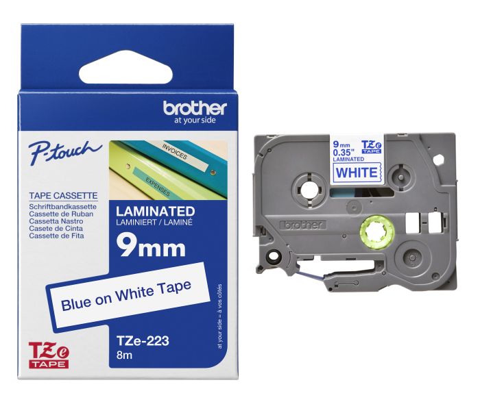 Brother TZe-223 Blue On White Laminated P-Touch Adhesive Labelling Tape 9mm x 8m