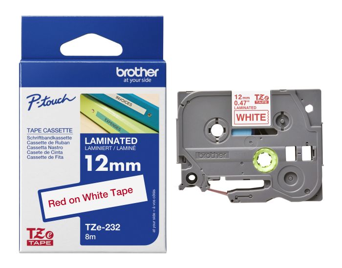 Brother TZe-232 Red On White Laminated P-Touch Adhesive Labelling Tape 12mm x 8m