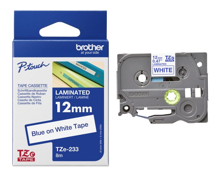 Brother TZe-233 Blue On White Laminated P-Touch Adhesive Labelling Tape 12mm x 8m