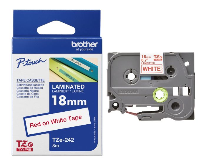 Brother TZe-242 Red On White Laminated P-Touch Adhesive Labelling Tape 18mm x 8m