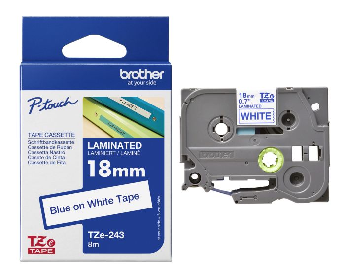 Brother TZe-243 Blue On White Laminated P-Touch Adhesive Labelling Tape 18mm x 8m