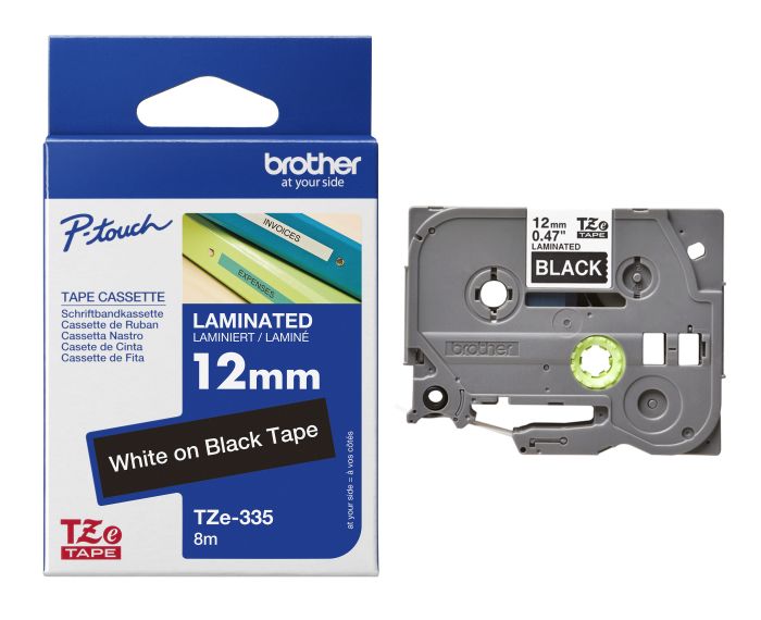 Brother TZe-335 White On Black Laminated P-Touch Adhesive Labelling Tape 12mm x 8m