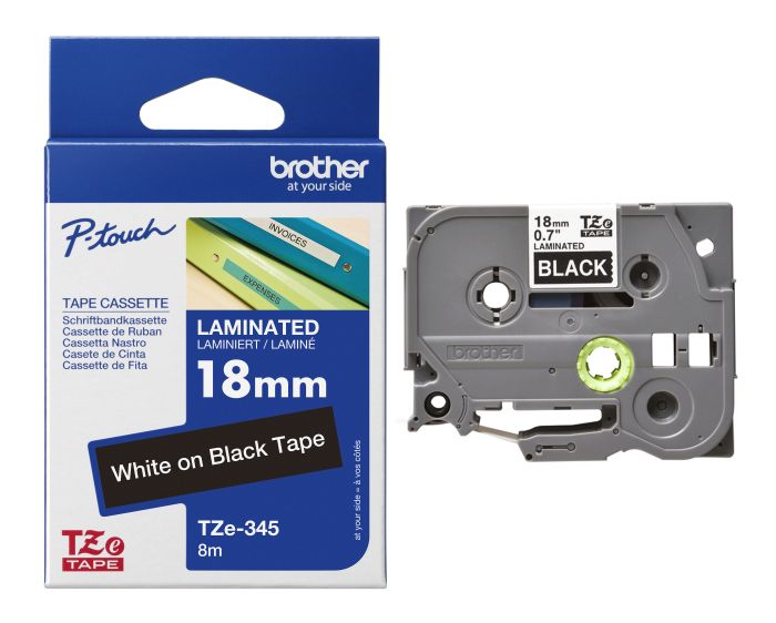 Brother TZe-345 White On Black Laminated P-Touch Adhesive Labelling Tape 18mm x 8m