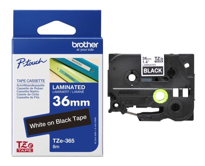 Brother TZe-365 White On Black Laminated P-Touch Adhesive Labelling Tape 36mm x 8m