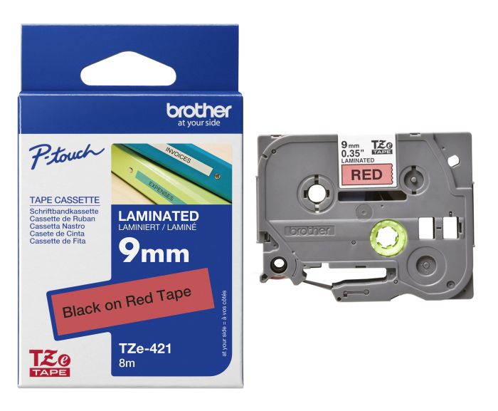 Brother TZe-421 Black On Red Laminated P-Touch Adhesive Labelling Tape 9mm x 8m