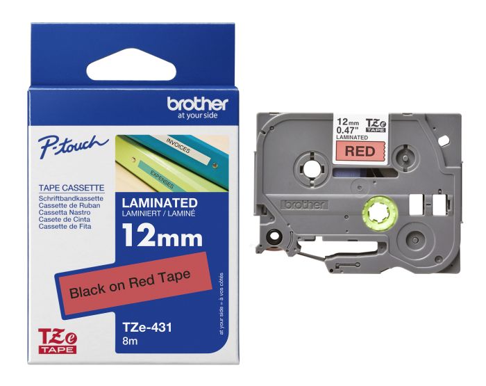 Brother TZe-431 Black On Red Laminated P-Touch Adhesive Labelling Tape 12mm x 8m