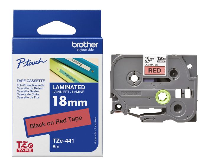 Brother TZe-441 Black On Red Laminated P-Touch Adhesive Labelling Tape 18mm x 8m