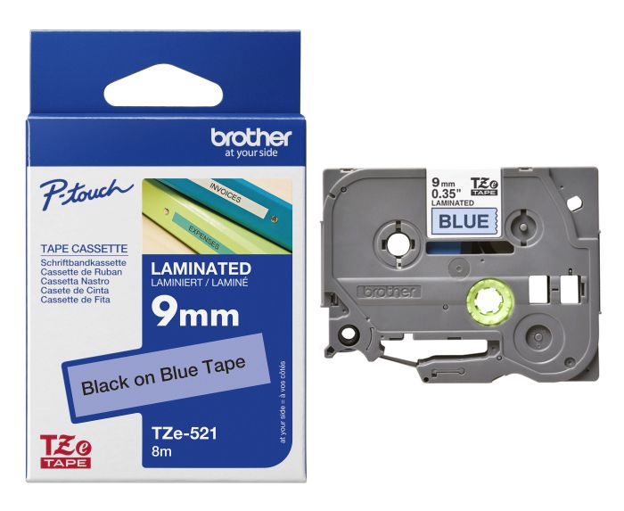 Brother TZe-521 Black On Blue Laminated P-Touch Adhesive Labelling Tape 9mm x 8m