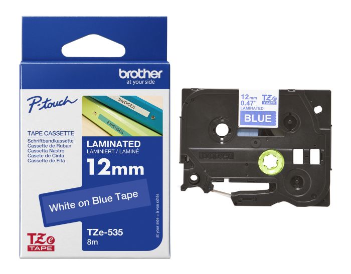 Brother TZe-535 White On Blue Laminated P-Touch Adhesive Labelling Tape 12mm x 8m