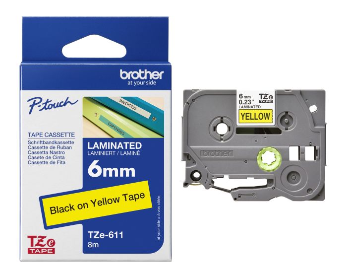 Brother TZe-611 Black On Yellow Laminated P-Touch Adhesive Labelling Tape 6mm x 8m