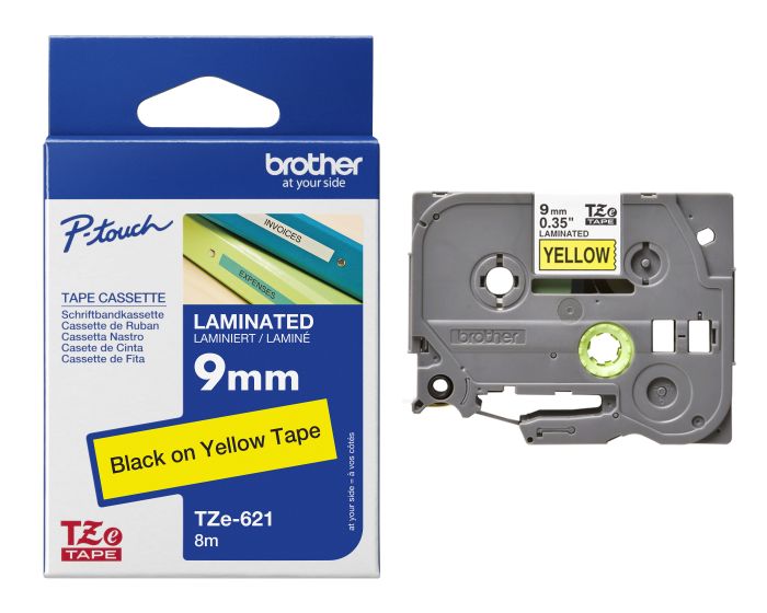 Brother TZe-621 Gloss Black On Yellow Laminated P-Touch Adhesive Labelling Tape 9mm x 8m