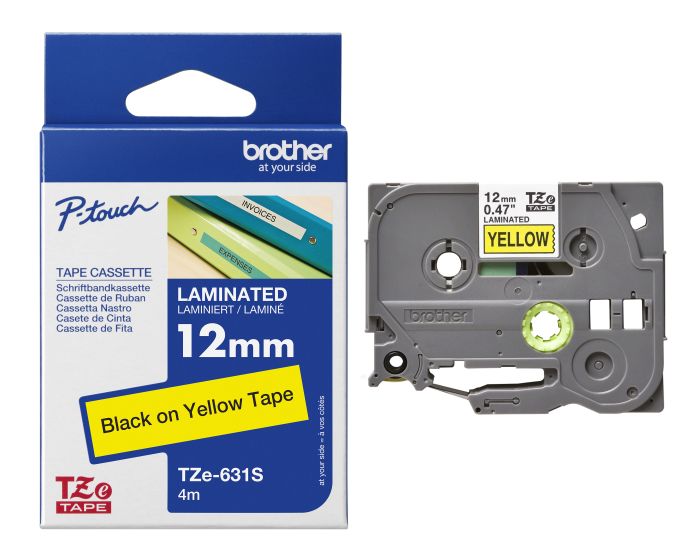 Brother TZe-631 Black On Yellow Laminated P-Touch Adhesive Labelling Tape 12mm x 8m