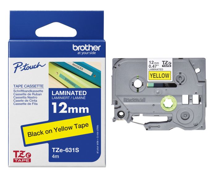 Brother TZe-631S Black On Yellow Laminated P-Touch Adhesive Labelling Tape 12mm x 4m