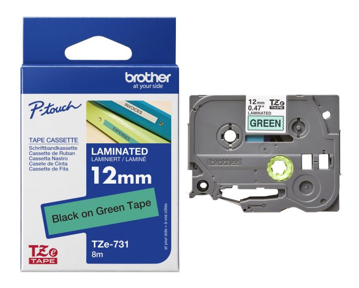 Brother TZe-731 Black On Green Laminated P-Touch Adhesive Labelling Tape 12mm x 8m