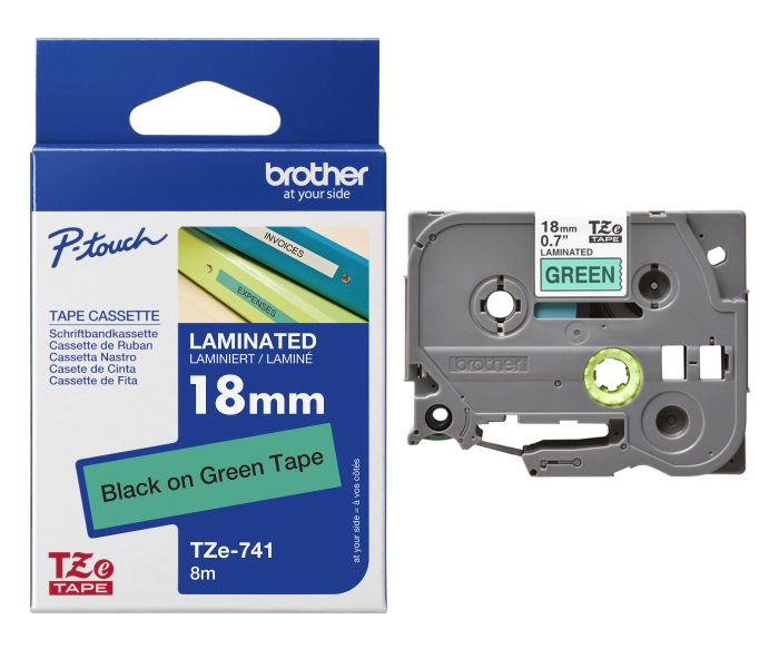 Brother TZe-741 Black On Green Laminated P-Touch Adhesive Labelling Tape 18mm x 8m