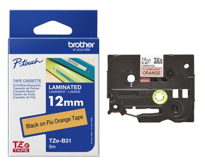 Brother TZe-B31 Black On Orange Laminated P-Touch Adhesive Labelling Tape 12mm x 8m