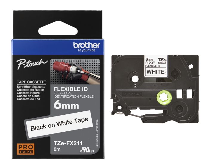 Brother TZe-FX211 Black On White Flexi ID P-Touch Adhesive Labelling Tape 6mm x 8m