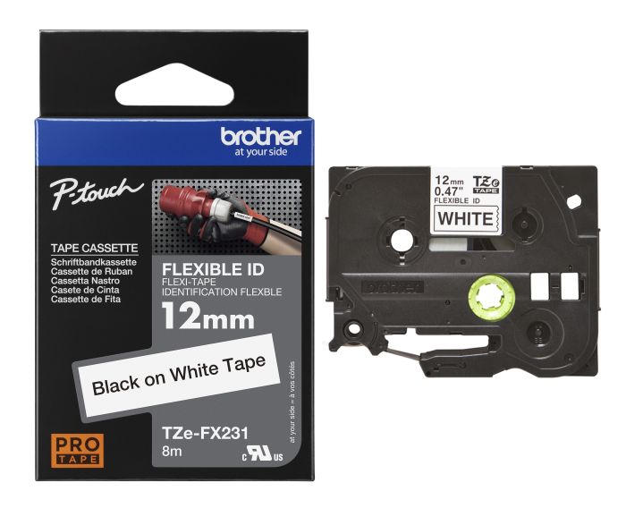 Brother TZe-FX231 Black On White Flexi ID P-Touch Adhesive Labelling Tape 12mm x 8m