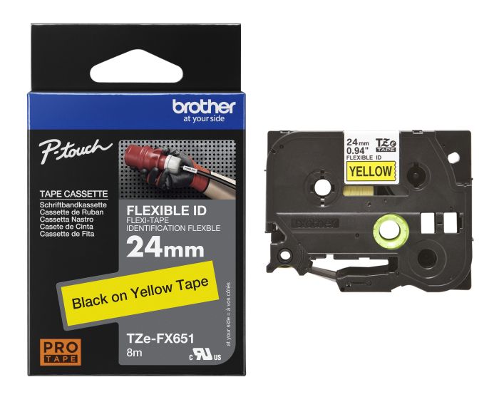 Brother TZe-FX651 Black On Yellow Flexi ID P-Touch Adhesive Labelling Tape 24mm x 8m