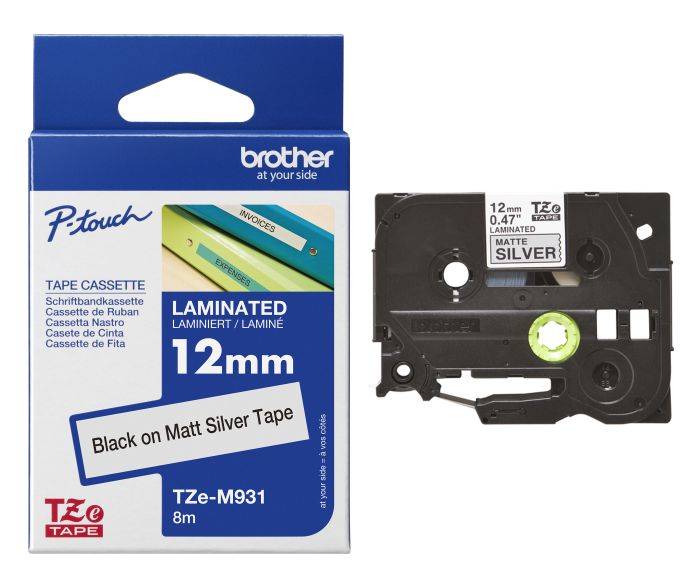 Brother TZe-M931 Black On Silver Matte Laminated P-Touch Adhesive Labelling Tape 12mm x 8m