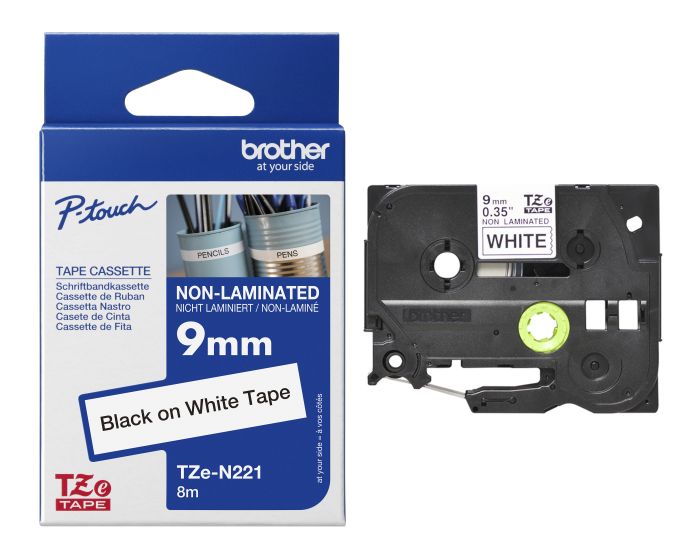 Brother TZe-N221 Black On White Non-Laminated P-Touch Adhesive Labelling Tape 9mm x 8m