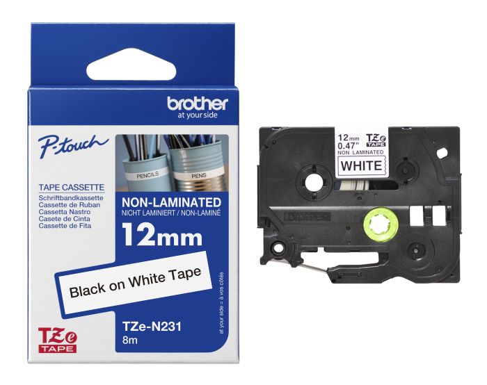 Brother TZe-N231 Black On White Non-Laminated P-Touch Adhesive Labelling Tape 12mm x 8m