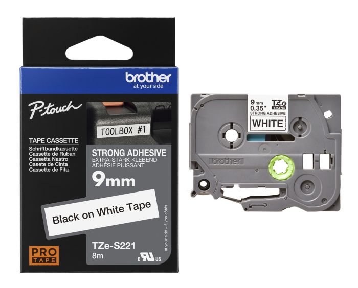 Brother TZe-S221 Black On White Strong Adhesive Laminated P-Touch Labelling Tape 9mm x 8m