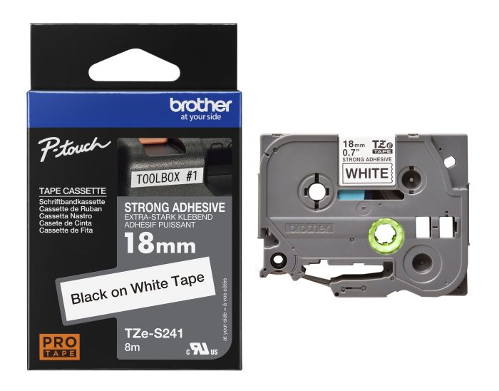 Brother TZe-S241 Black On White Strong Adhesive Laminated P-Touch Labelling Tape 18mm x 8m