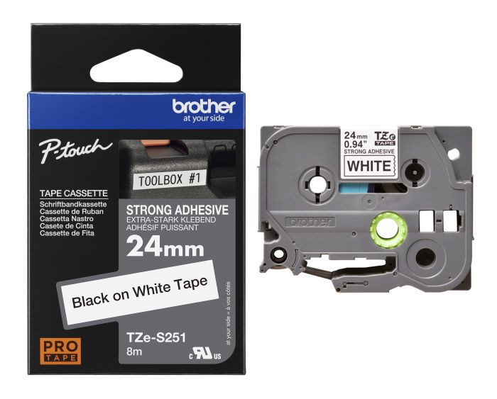 Brother TZe-S251 Black On White Strong Adhesive Laminated P-Touch Labelling Tape 24mm x 8m