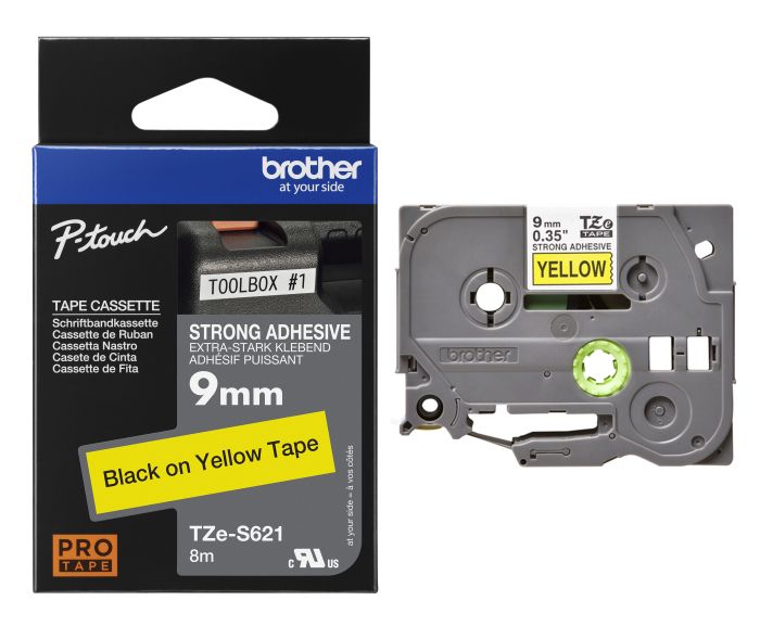 Brother TZe-S621 Black On Yellow Strong Adhesive Laminated P-Touch Labelling Tape 9mm x 8m