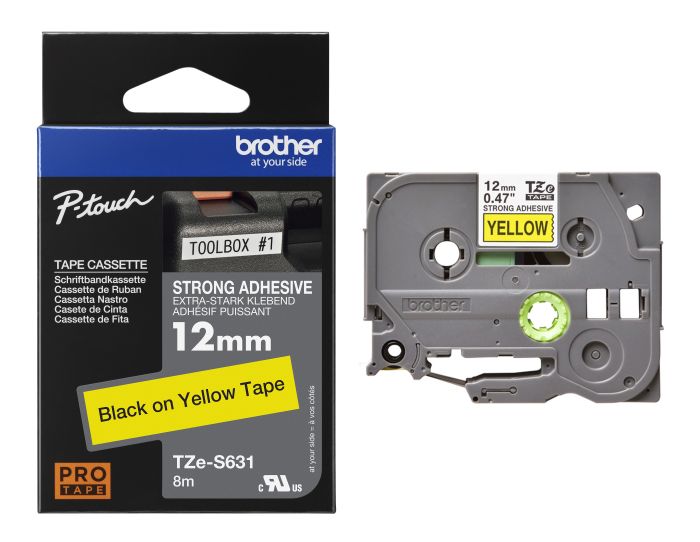 Brother TZe-S631 Black On Yellow Strong Adhesive Laminated P-Touch Labelling Tape 12mm x 8m