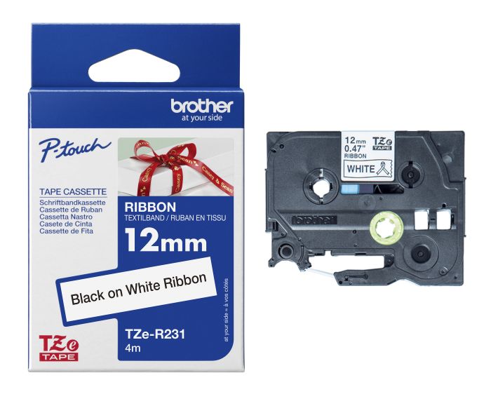 Brother TZER231 Black On White Fabric Label Tape 12mm x 4m