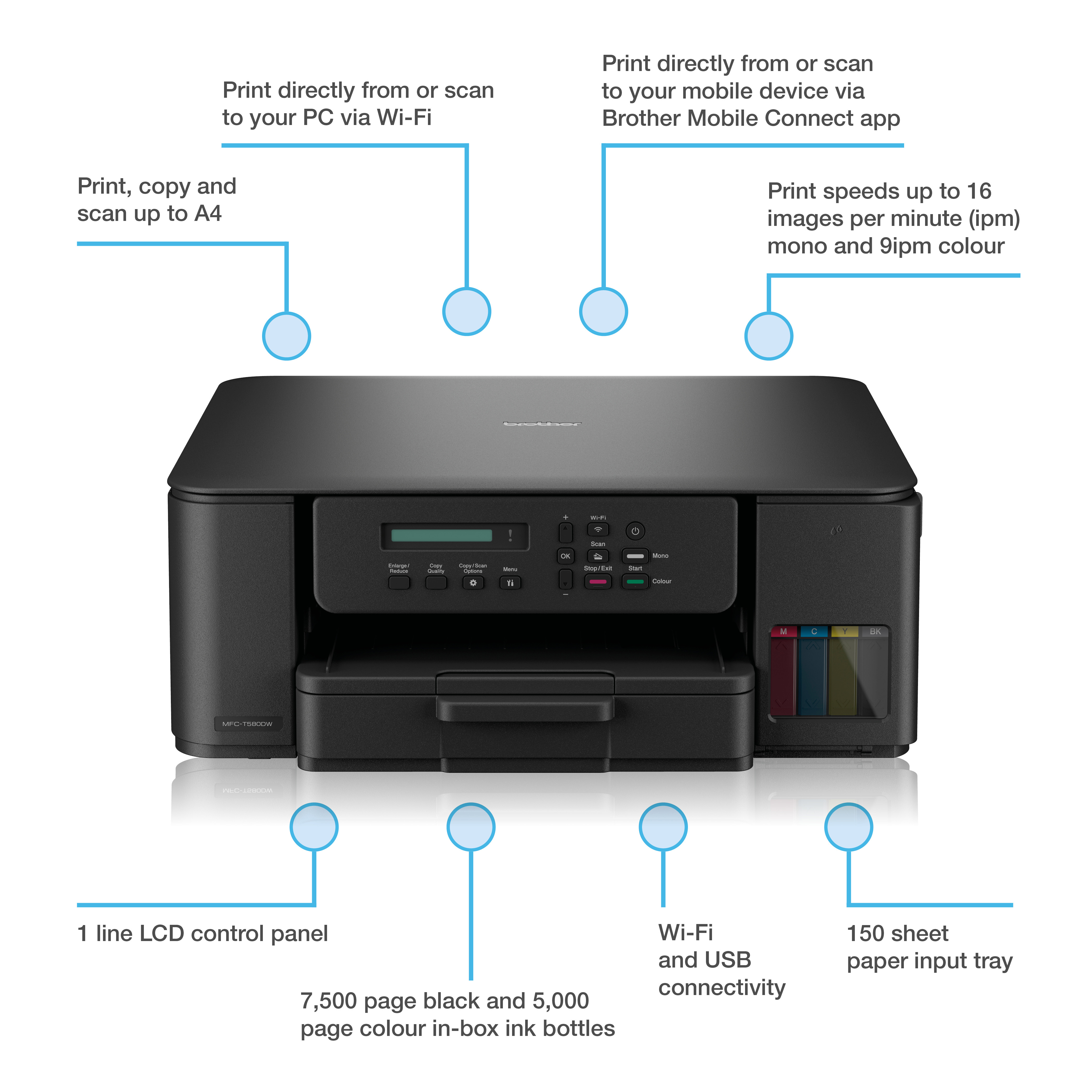 Brother DCP-T580DW A4 Multifunction Colour Inkjet Printer