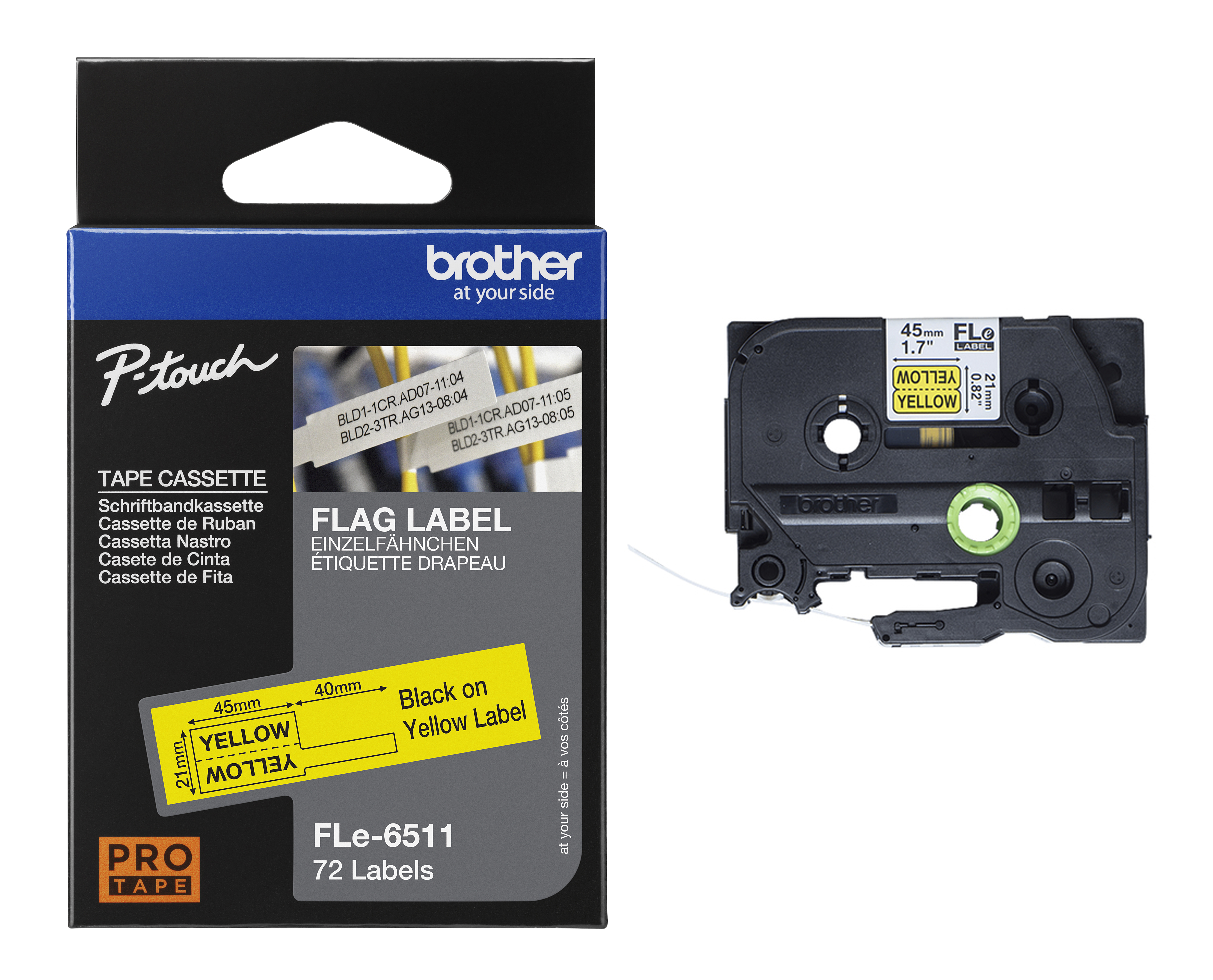 Brother FLE-6511 Black On Yellow Die-Cut Tape Cassette 21mm x 45mm