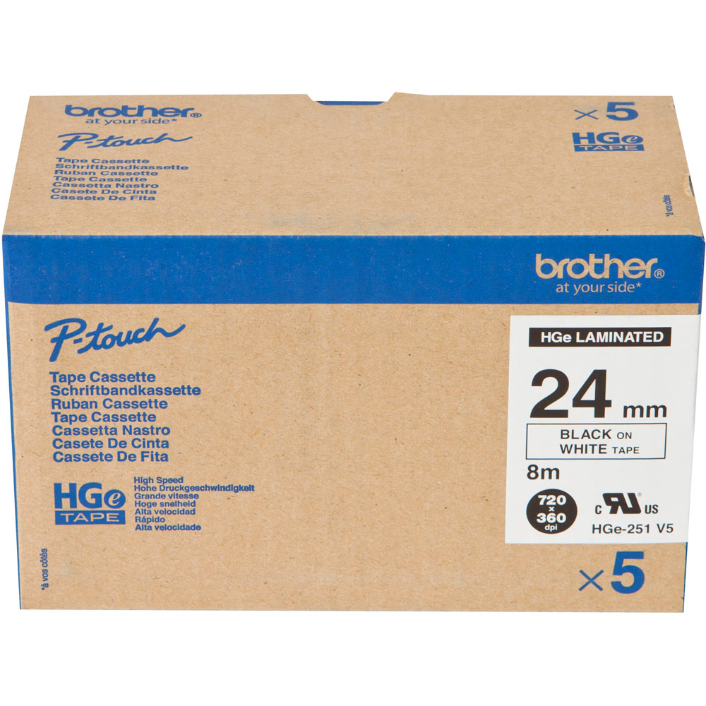 Brother HGE251V5 Black On White High Grade Adhesive Labelling Tape 5 Pack 24mm x 8m