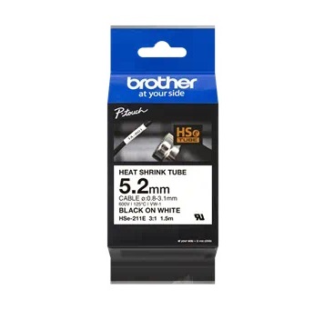 Brother HSE-211E Black On White Heat Shrink Tube Tape 5.2mm x 1.5m