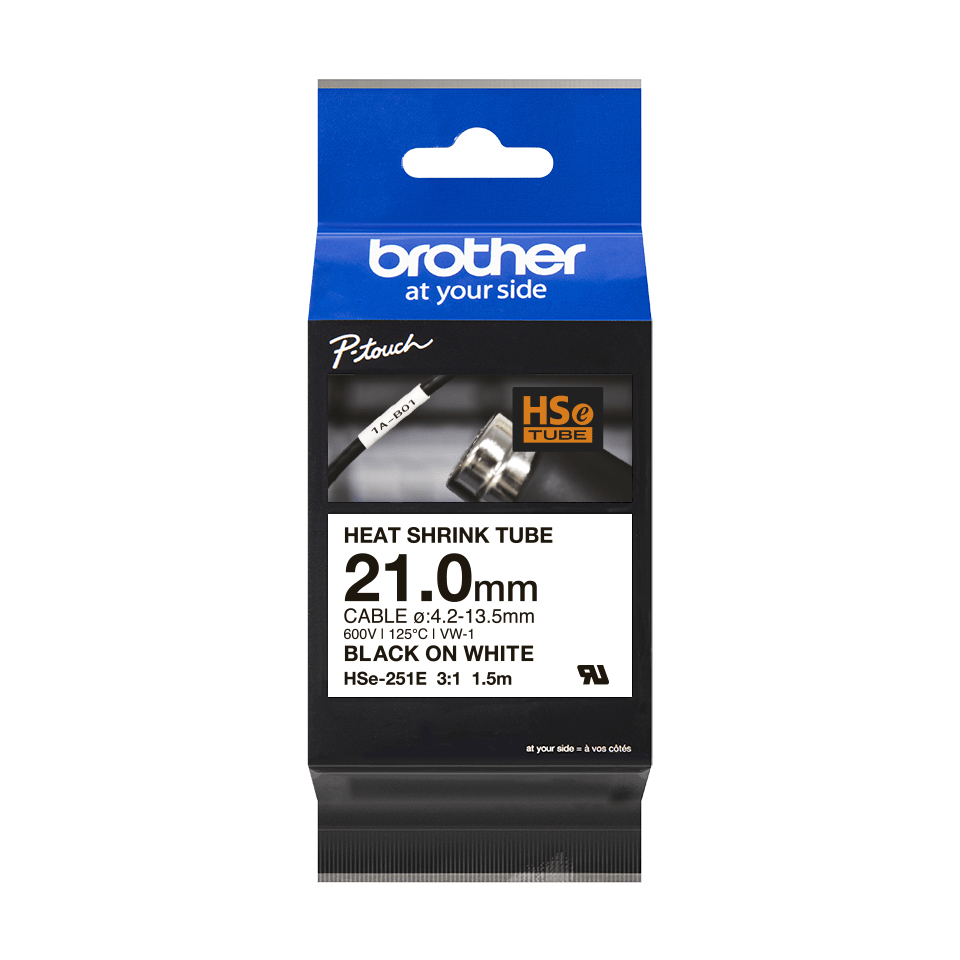 Brother HSE-251E Black On White Heat Shrink Tube Tape 21mm x 1.5m