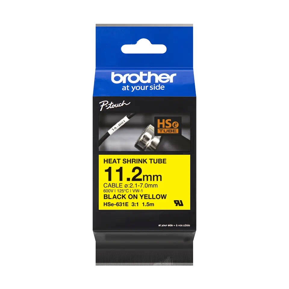 Brother HSE-631E Black On Yellow Heat Shrink Tube Tape 11.2mm x 1.5m