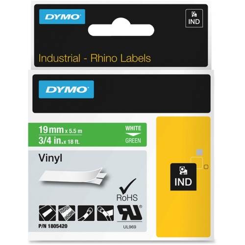 Dymo 1805420 White On Green Vinyl Adhesive Labels 19mm x 5.5m