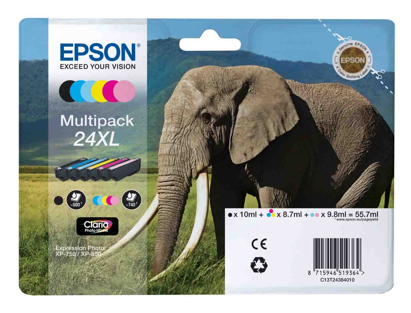 Epson 24XL 6 Colour High Capacity Ink Cartridge Multipack (T2438 Elephant)