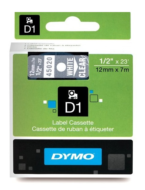 Dymo 45020 White On Clear D1 Adhesive Labelling Tape 12mm x 7m (S0720600 Tape)