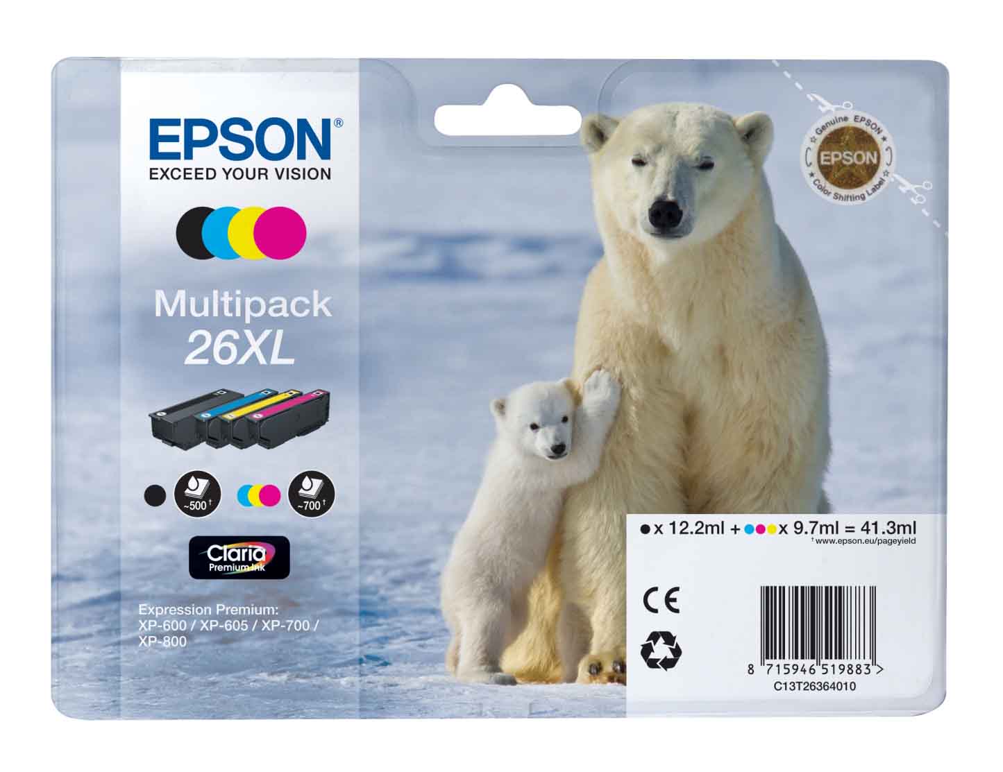 Epson 26XL 4 Colour High Capacity Ink Cartridge Multipack - (T2636 Polar Bear)