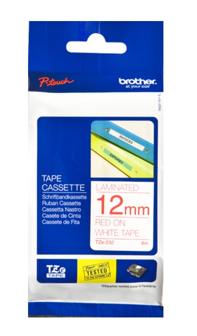 Brother TZe-232 Red On White Laminated P-Touch Adhesive Labelling Tape 12mm x 8m