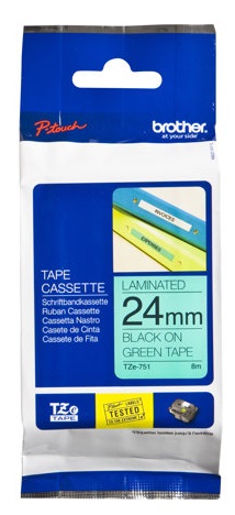 Brother TZe-751 Black On Green Laminated P-Touch Adhesive Labelling Tape 24mm x 8m