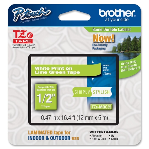 Brother TZe-MQG35 White on Lime Green Laminated P-Touch Adhesive Labelling Tape 12mm x 5m