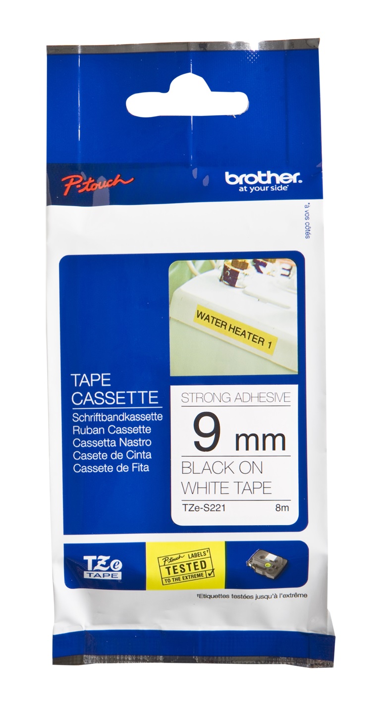 Brother TZe-S221 Black On White Strong Adhesive Laminated P-Touch Labelling Tape 9mm x 8m