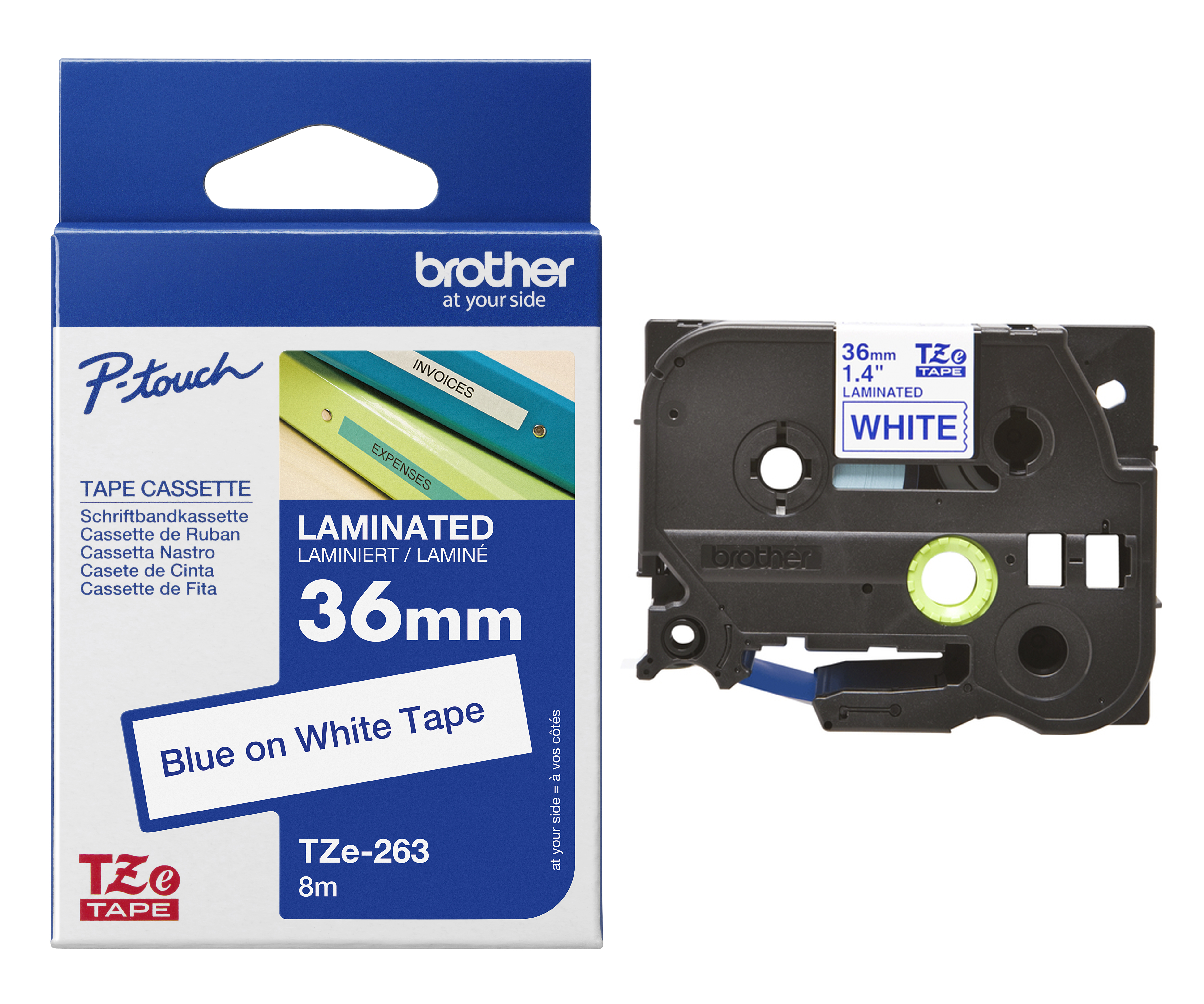 Brother TZe-263 Blue On White Laminated P-Touch Adhesive Labelling Tape 36mm x 8m