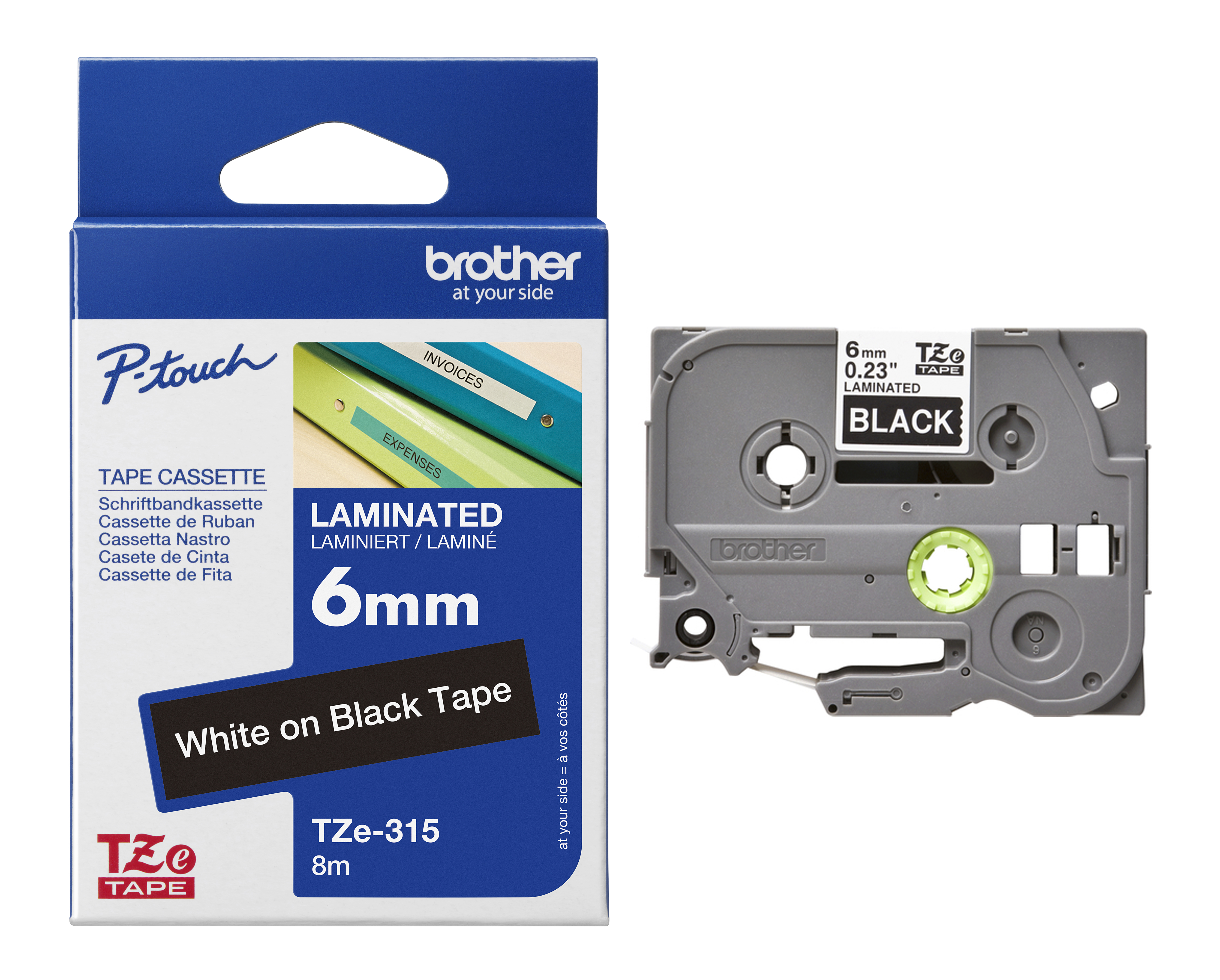 Brother TZe-315 White On Black Laminated P-Touch Adhesive Labelling Tape 6mm x 8m